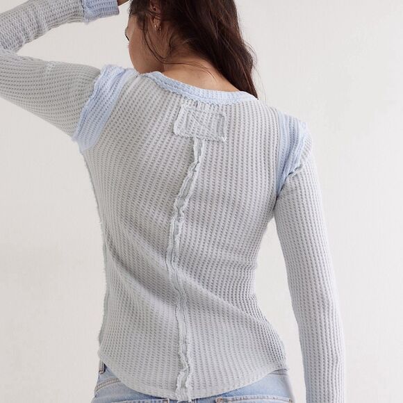 We The Free People Zoe Thermal Waffle Top XL Light Blue Long Sleeve Tee Shirt - Picture 1 of 11